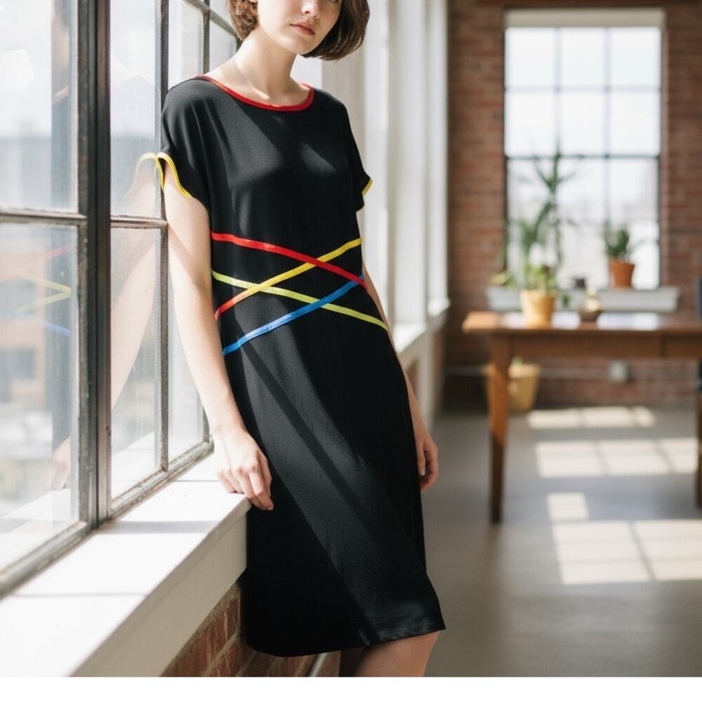 Citrine Shift Dress Women 12 Black Cap Sleeve Colorful Stripes Stretch Mod Retro